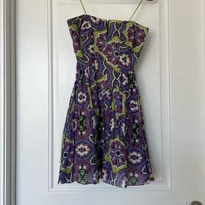 Nicole Miller Studio colorful strapless flare mini dress. 90s print